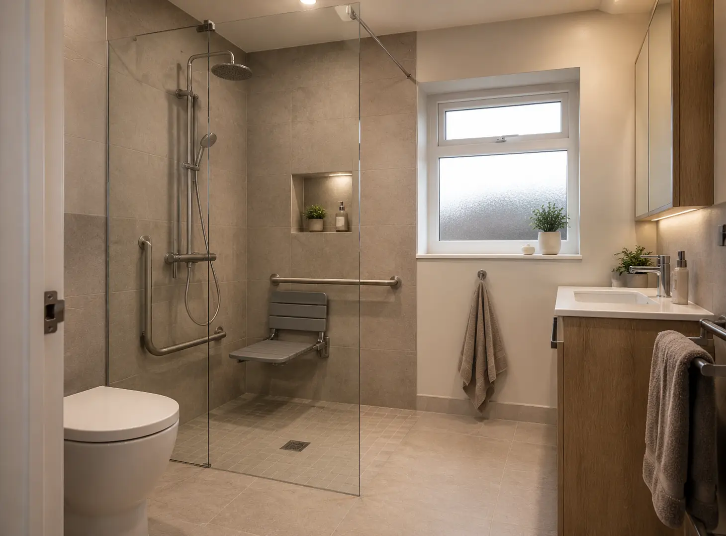 Stylish accessible bathroom with a level-access shower, seat and discreet support rails