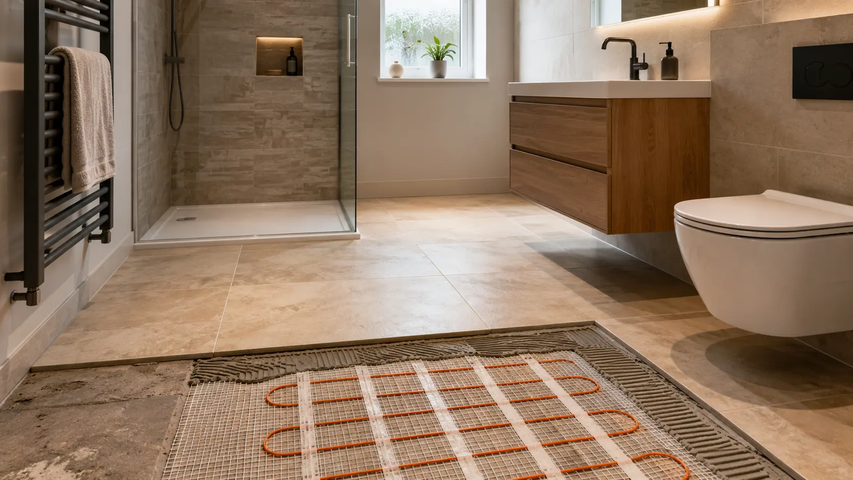 Stone-effect bathroom floor being fitted over an electric heating mat