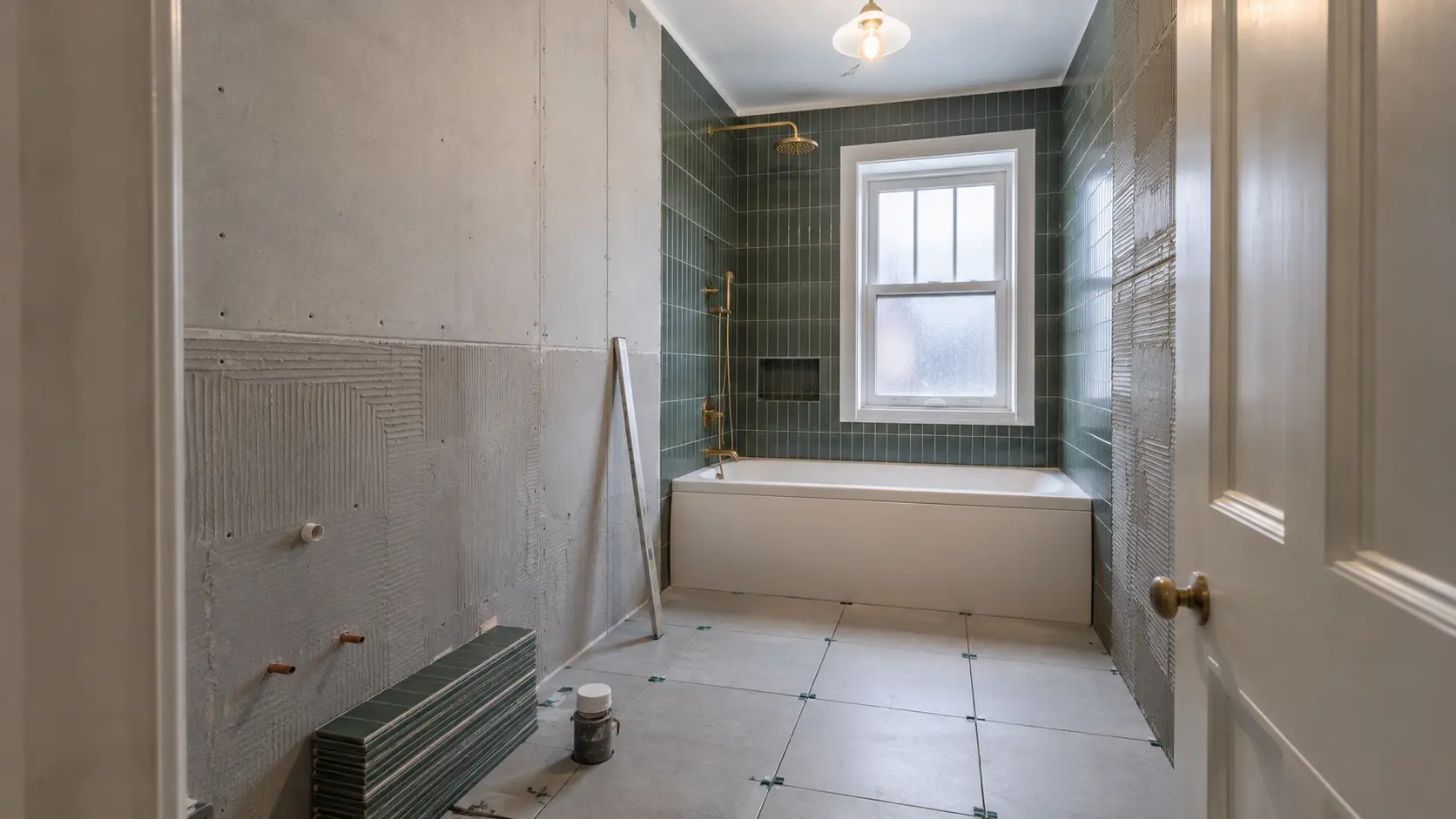 Bathroom renovation progressing from preparation to the finished room