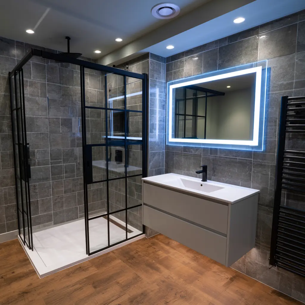 Complete fitted shower room with tiled walls and storage