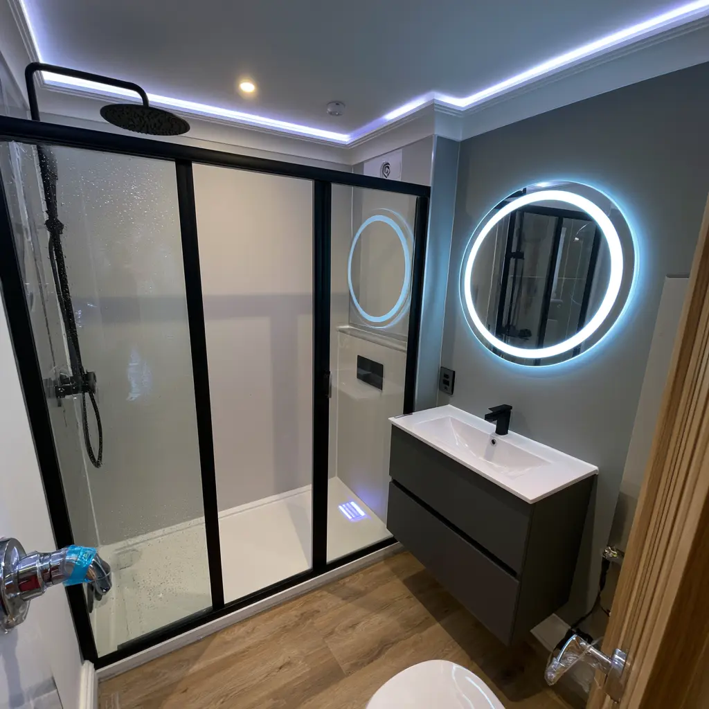 Modern en suite with a circular LED mirror