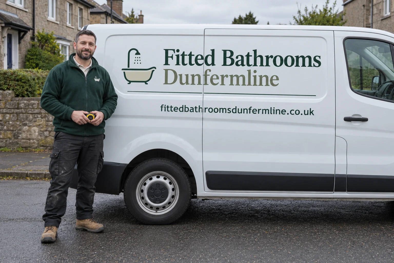 A man in workwear beside a professionally signwritten Fitted Bathrooms Dunfermline van
