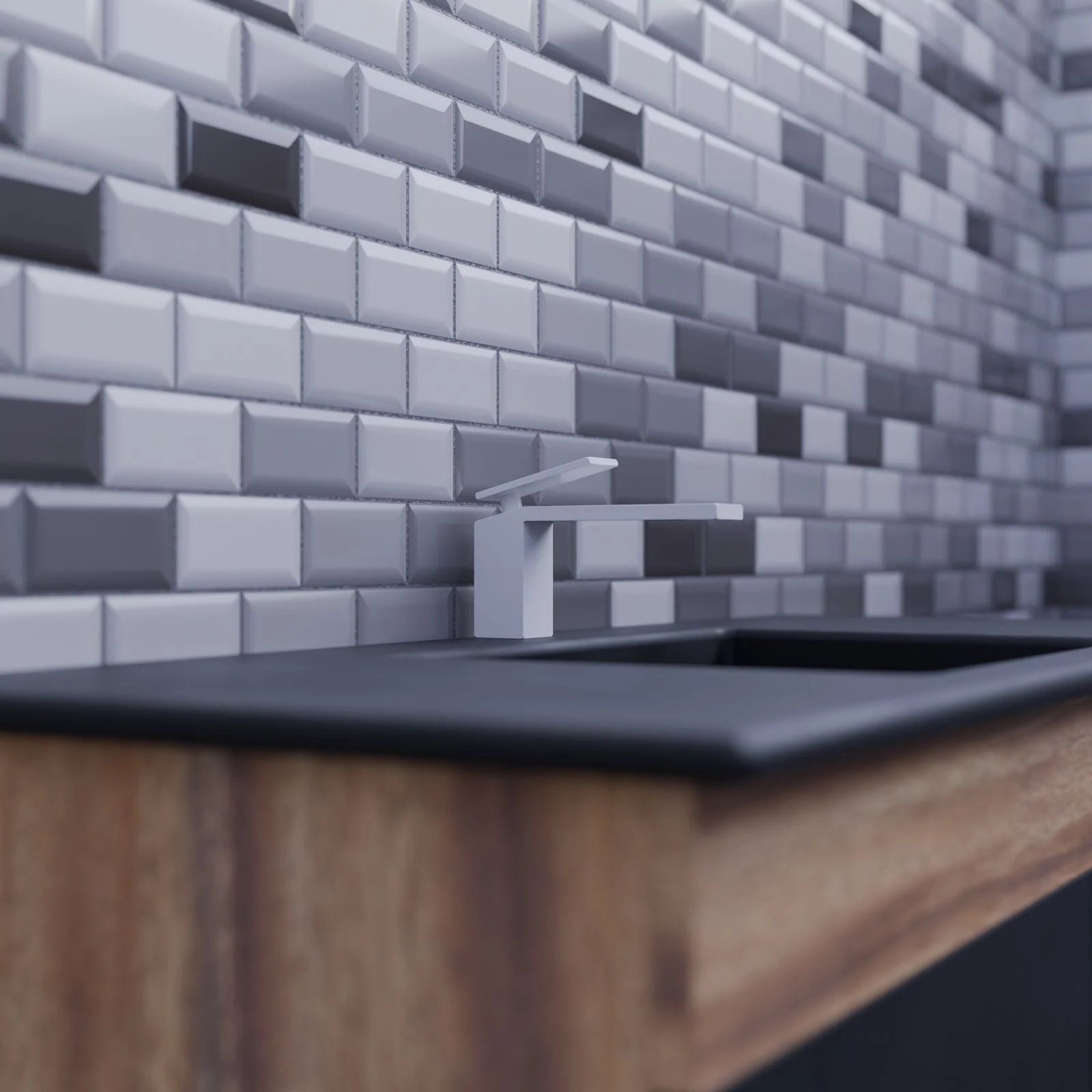 Grey tiles above a bathroom vanity