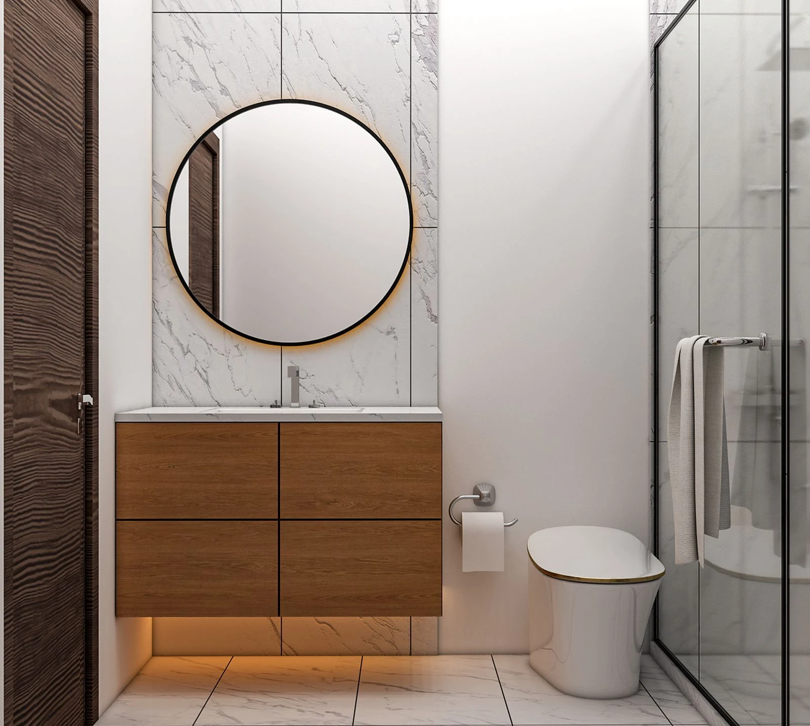 Contemporary bathroom featuring wooden vanity, round mirror, and glass shower