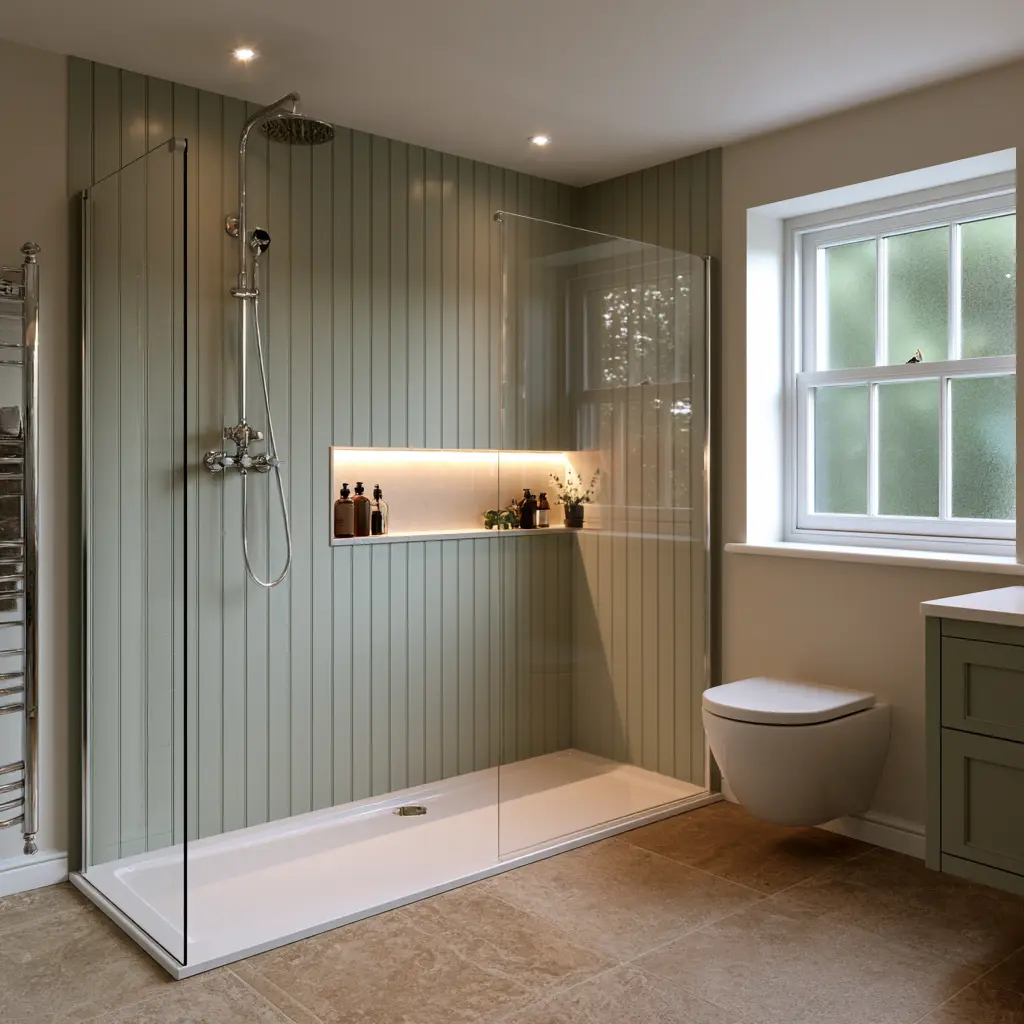 Bathroom wall panels in a sage green shower area