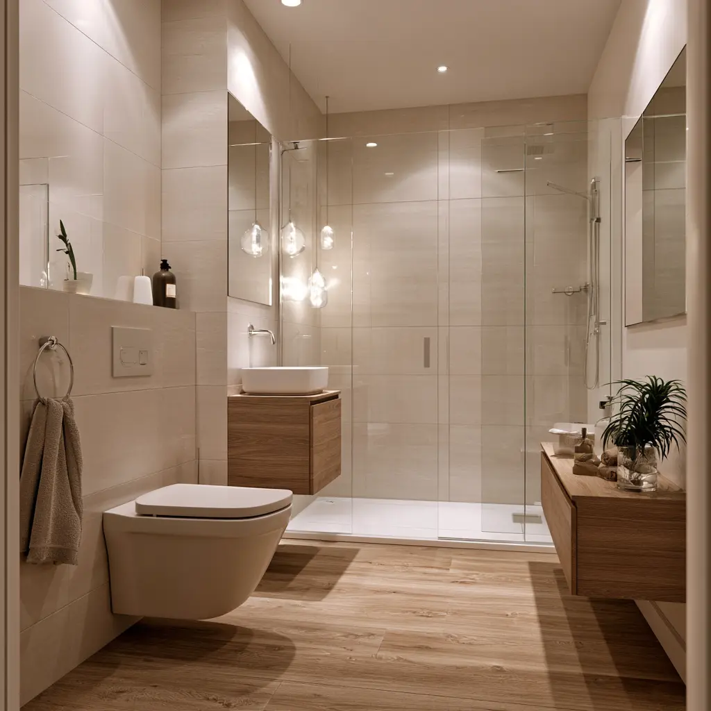 Warm neutral bathroom with timber vanity and walk-in shower